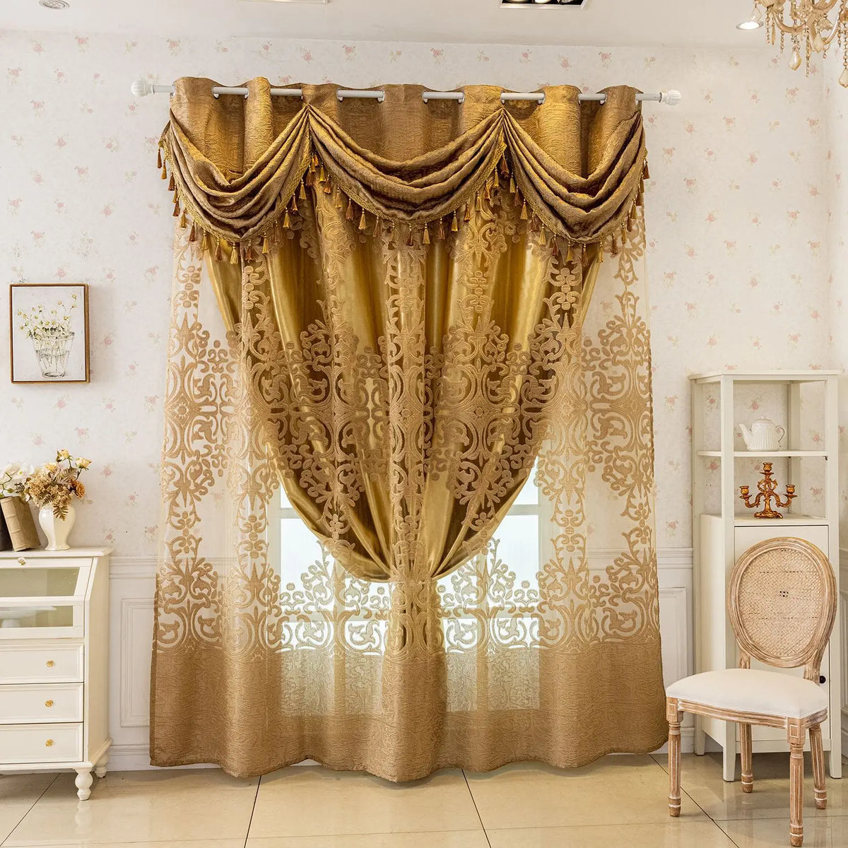rideaux or floraux polyester semi transparent élégants franges salon chambre