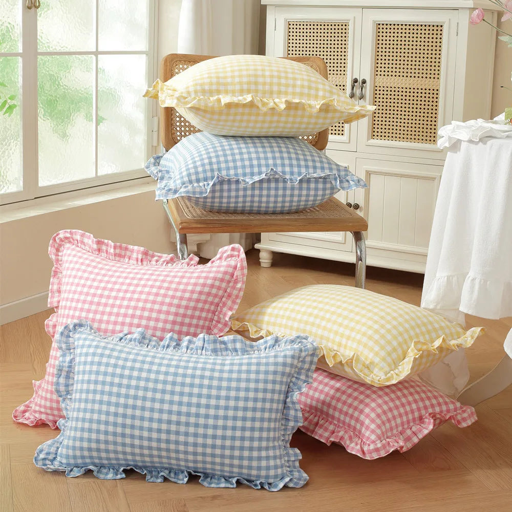 housse coussin coton carreaux floral volants lit salon décoration vintage douce bleuclair roseclair jauneclair