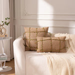 housse coussin tissée jute motif quadrillé vert rustique décor feuilles