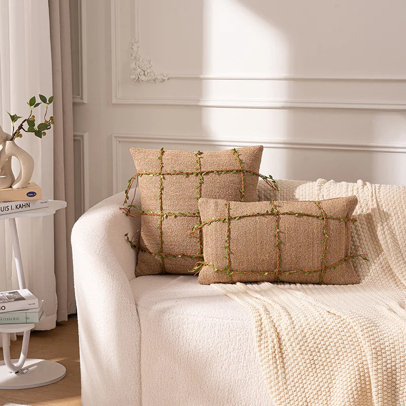 housse coussin tissée jute motif quadrillé vert rustique décor feuilles