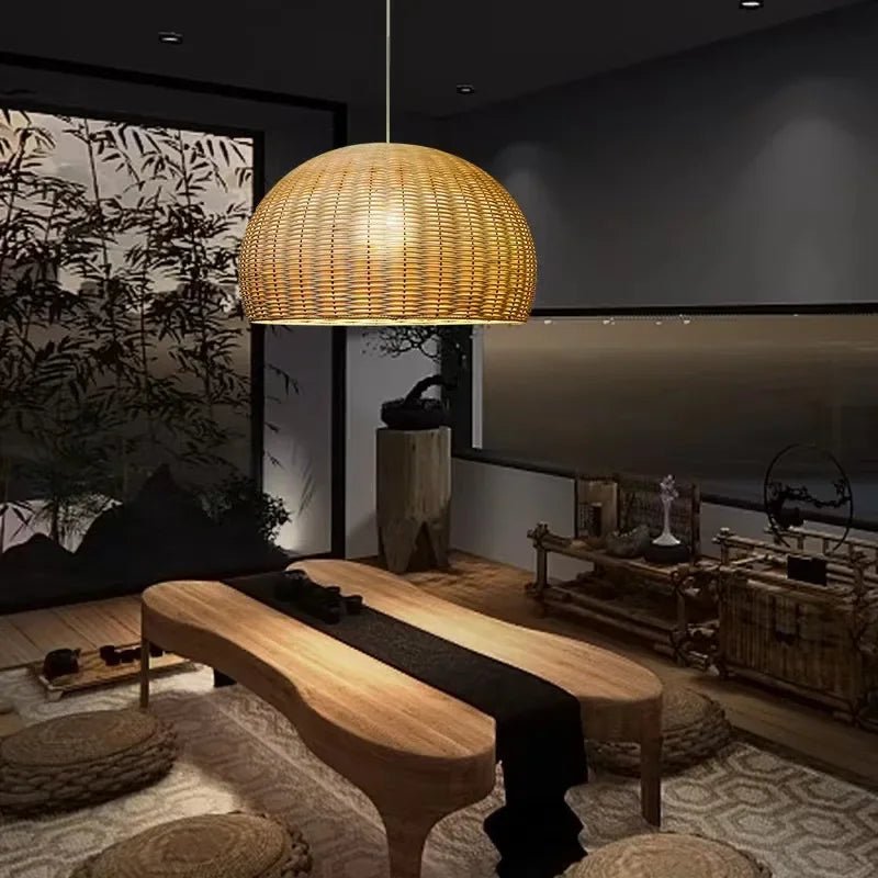 Suspension lumineuse rotin naturel moderne salon chambre rustique led pendentif chaîne métallique