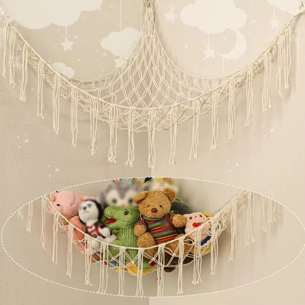 hamac jouets coton macramé franges boho crochets fixation beige clair chambre salon