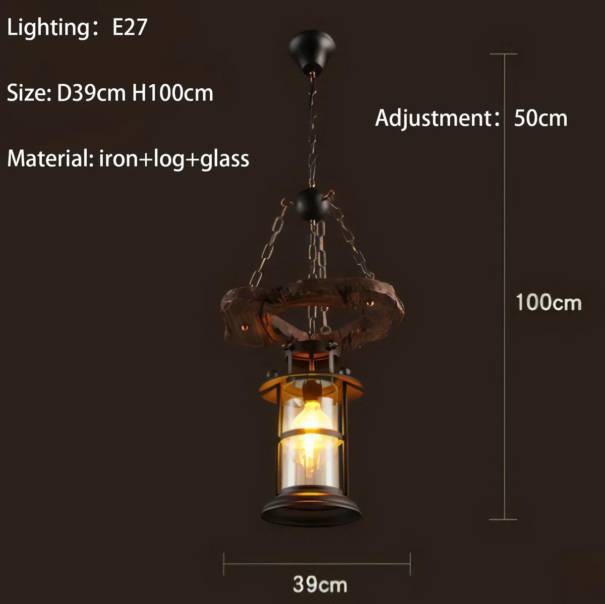 Suspension lumineuse industrielle marron doré verre translucide ampoules métal bois vintage