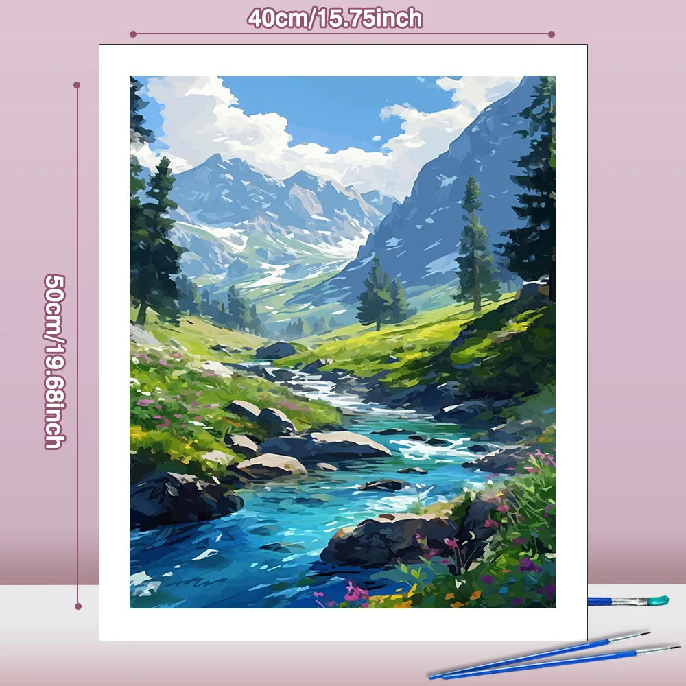 tableau peindre paysage montagneux rivière arbres toile peinture propylène pinceaux guide decoration maison