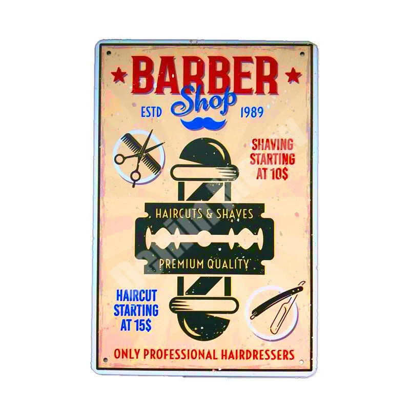 plaque metallique vintage decoration salon coiffure barbershop motif retro orange noir beige murale