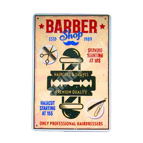 plaque metallique vintage decoration salon coiffure barbershop motif retro orange noir beige murale