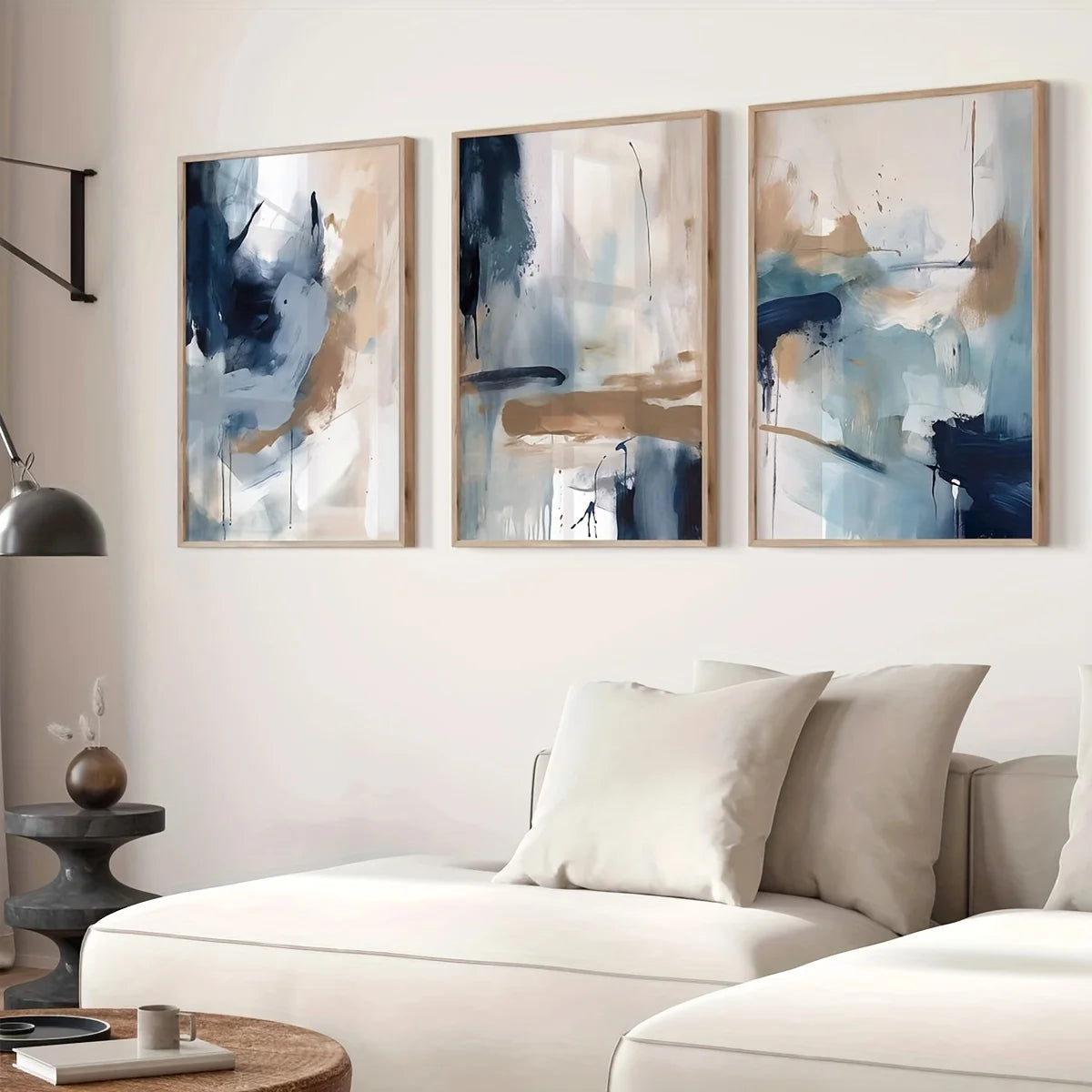 toile d'art abstraite contemporaine bleu beige peinture huile cadre bois salon moderne decoration