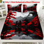 drap housse imprimé paysage oriental moderne rouge arbres montagnes chambre lit coton polyester