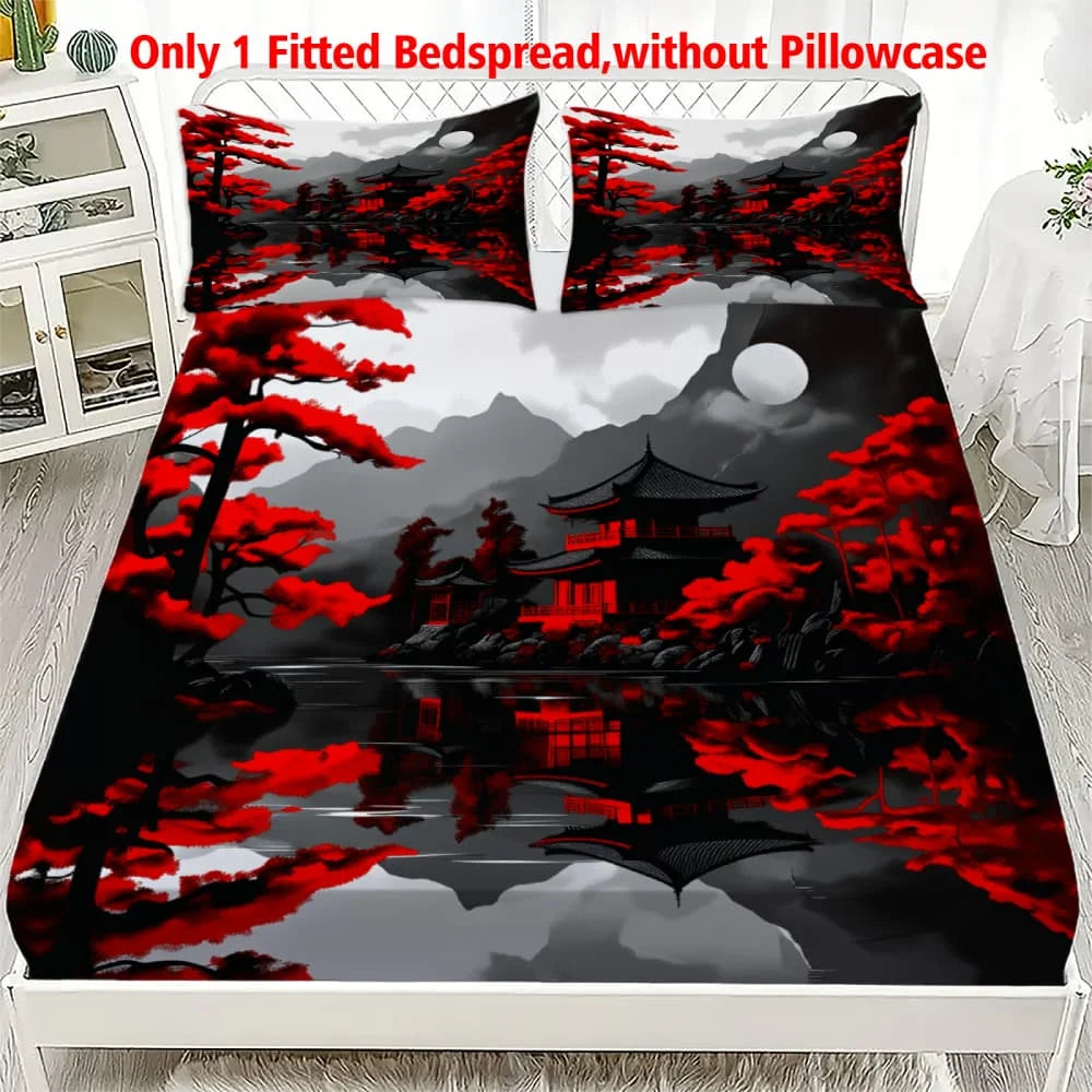 drap housse imprimé paysage oriental moderne rouge arbres montagnes chambre lit coton polyester