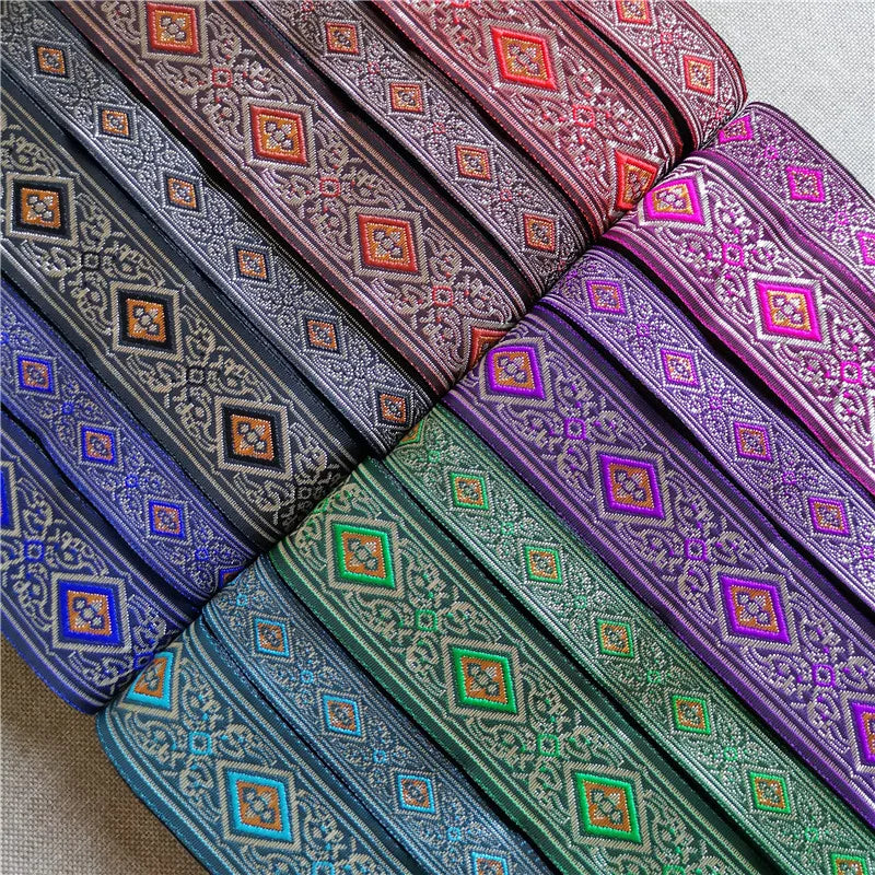ruban décoratif polyester largeur 2cm bleu vert violet gris marron rose motif géométrique floral