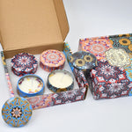bougies parfumées boho chic motifs floraux violet blanc bleu rouge jaune pack pièces