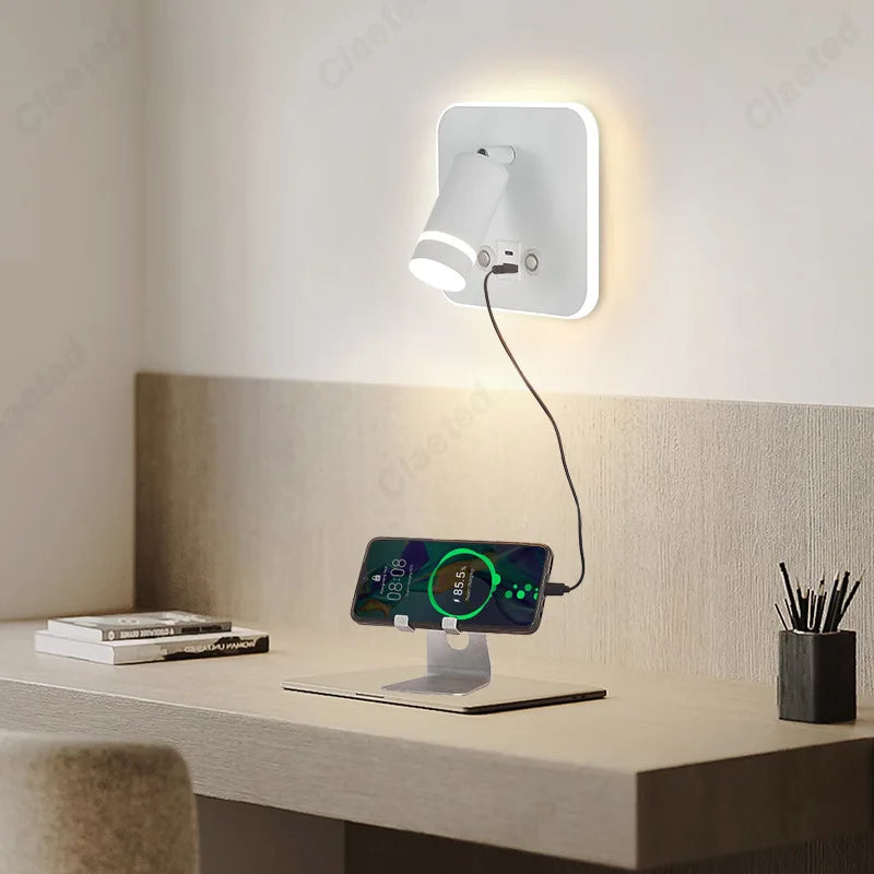 lampe murale moderne noire blanche dorée prise usb charge smartphone interrupteur éclairage chambre cuisine