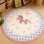 tapis rond moderne rose pompons carreaux bleus chambre enfant salon aubusson polyester