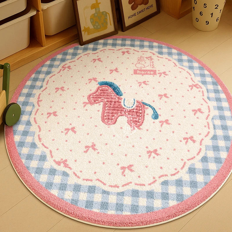 tapis rond moderne rose pompons carreaux bleus chambre enfant salon aubusson polyester