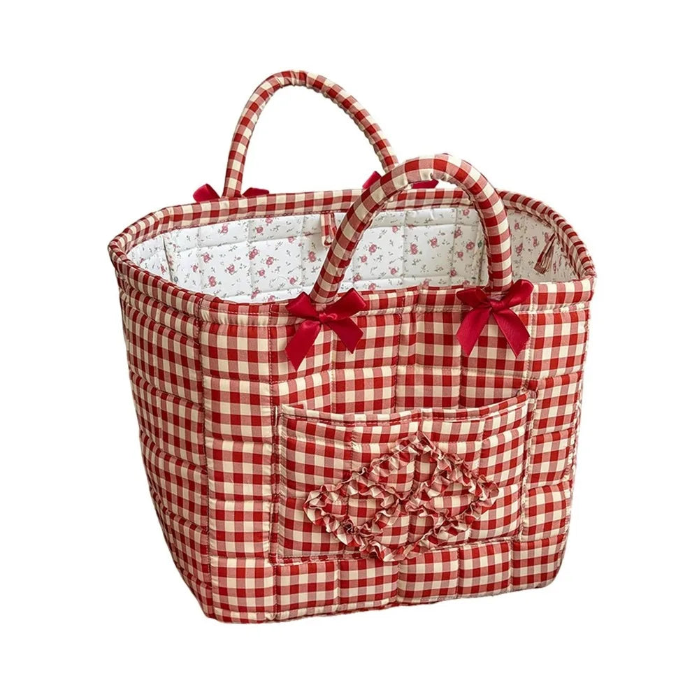 panier tissu carreaux rouge blanc vintage poignées détachables rangement multiple chambre enfant