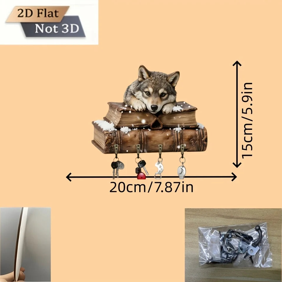 porte clés mural loup bois vintage marron gris blanc bleu decorative