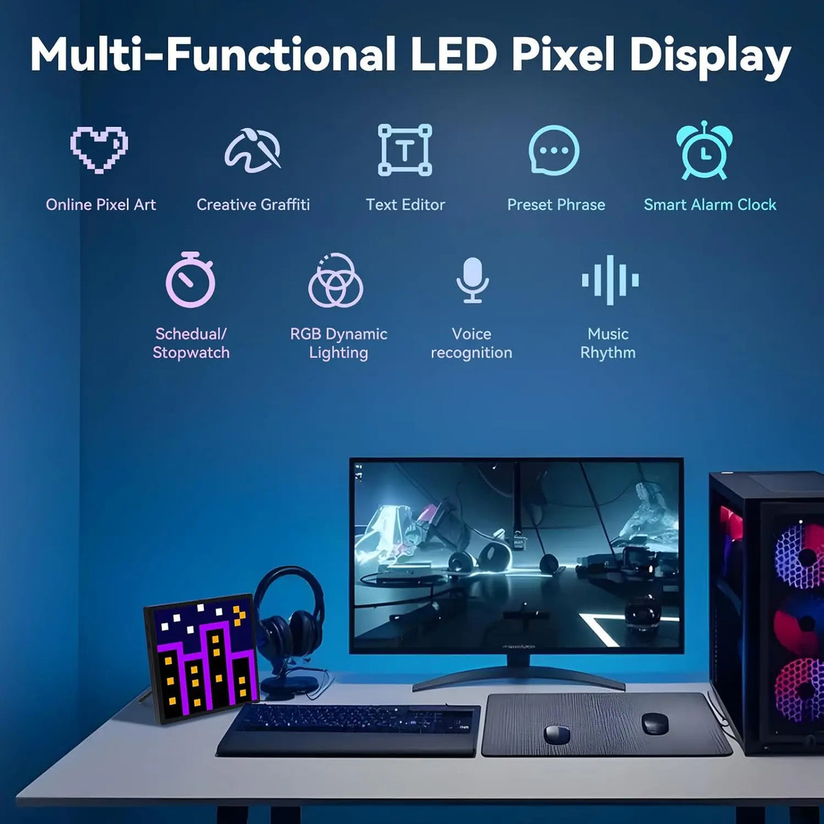 affichage led pixel art multifonction bluetooth calendrier couleurs variées moderne technologique ludique