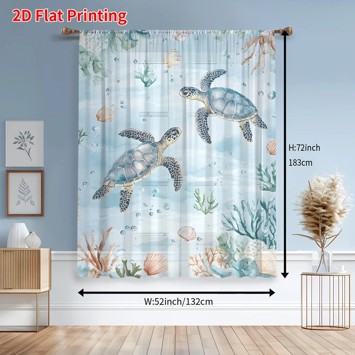 rideau transparent imprimé tortues marines coraux bleu clair vert marron tropical décoration chambre salon