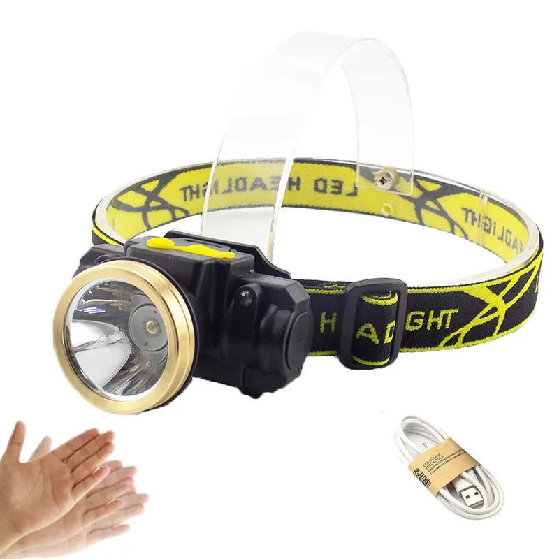 lampe frontale led rechargeable 18650 batterie cable usb ceinture ajustable noir jaune doré