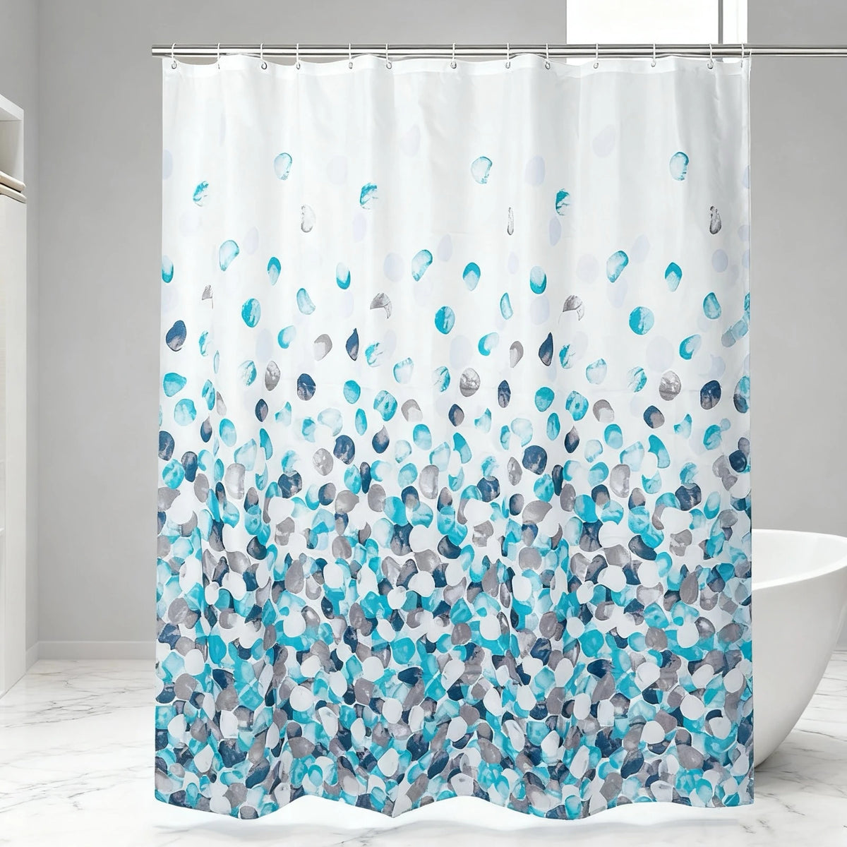 rideau douche polyester blanc fleur géométrique moderne anneaux
