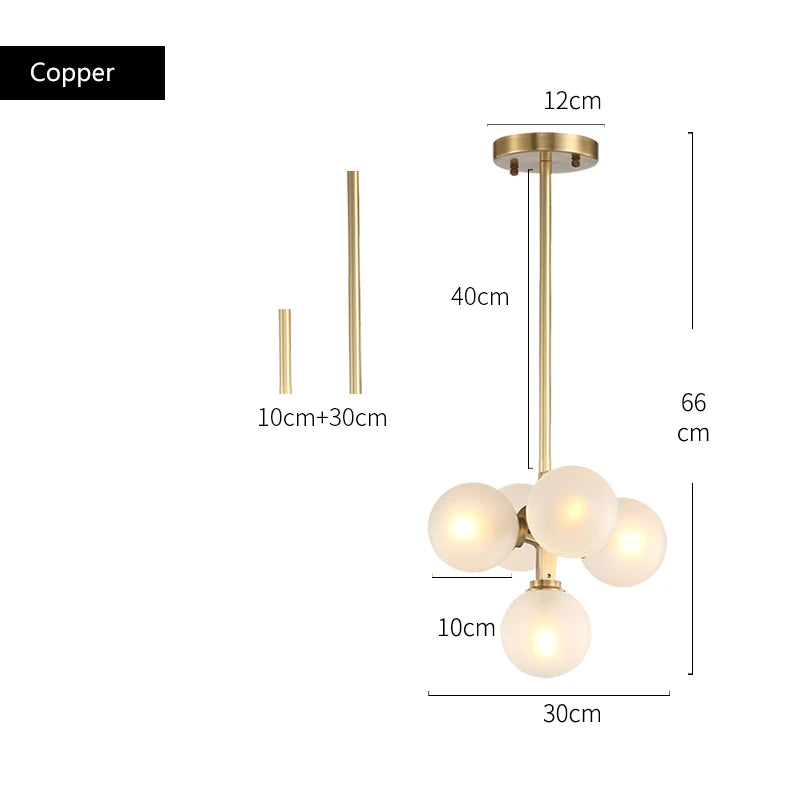 suspension lumineuse moderne boules translucides or blanc ampoules led 12 têtes cuivre