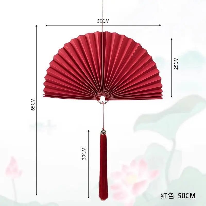 éventail pliant décoratif papier rouge bleu marine doré chinois traditionnel pompon cordelette