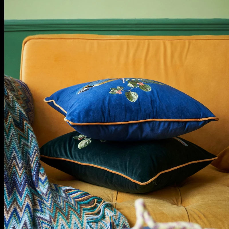 taies d'oreiller velours oiseau perroquet feuilles bleu foncé élégant non toxique polyester respectueux environnement