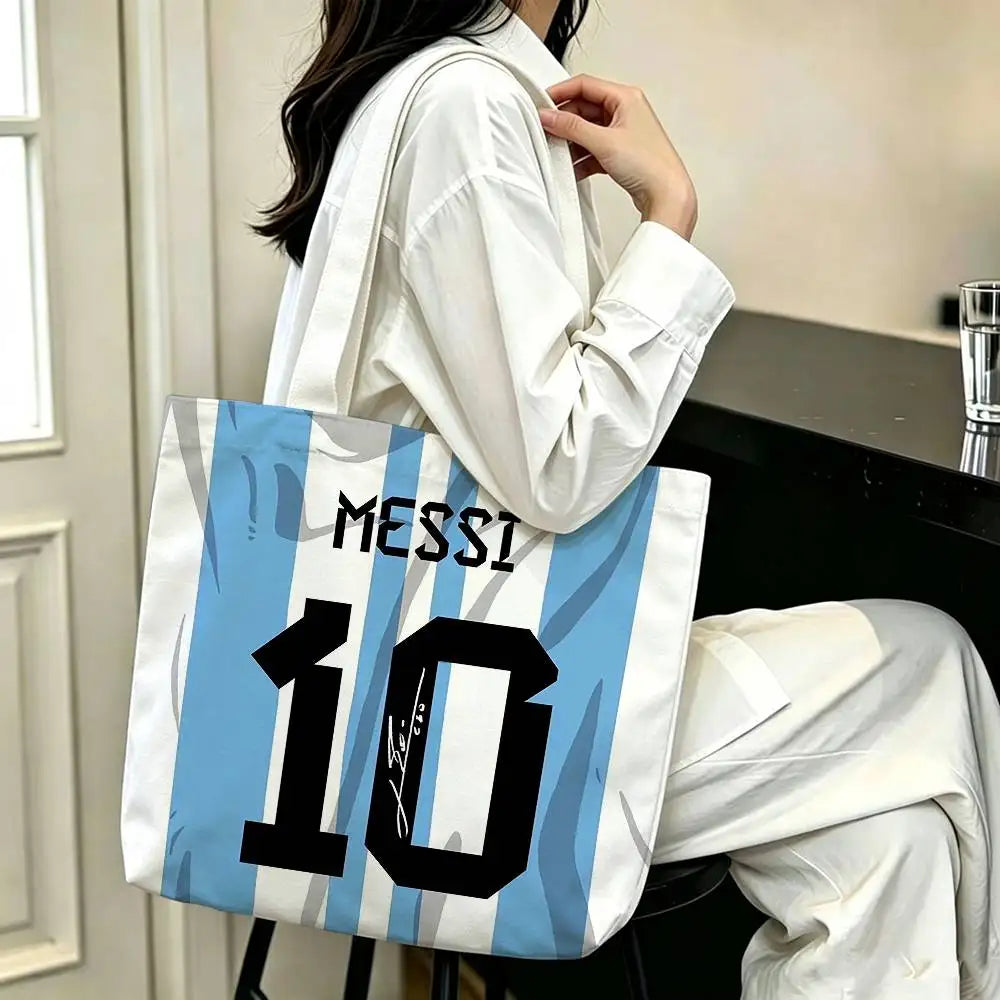 sac main blanc bleu clair rayures messi 10 polyestère réutilisable moderne graphique poignées détachables
