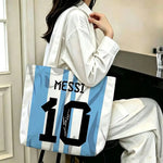 sac main blanc bleu clair rayures messi 10 polyestère réutilisable moderne graphique poignées détachables
