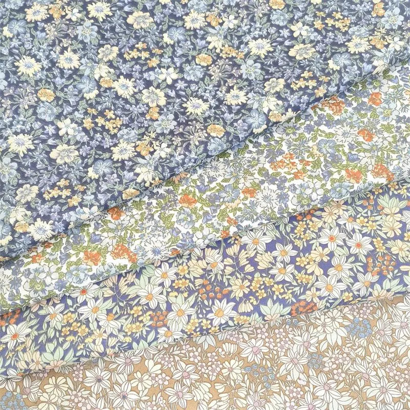 tissu imprimé coton fleurs bleu blanc orange vintage 160cm large classique