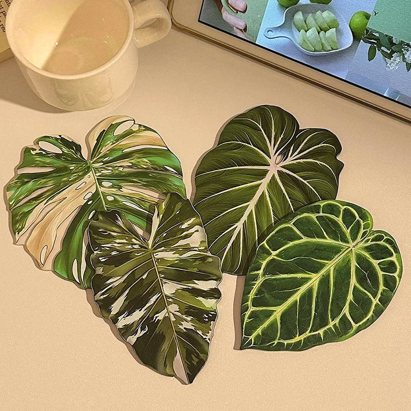 coasters feuilles tropicales vert blanc rose antidérapants moderne protége comptoir cuisine