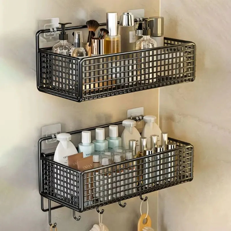 rangements mural métal noir blanc grille transparent moderne adhésif bouteilles flacons savons lotions pinceaux