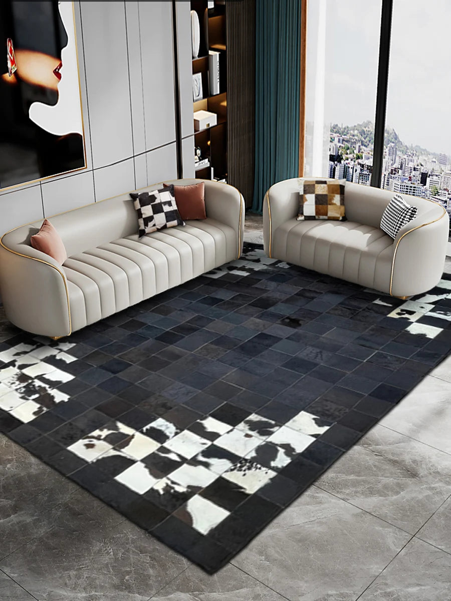 tapis noir blanc patchwork peau vache moderne salon chambre decoratif rectangle aubusson PVC