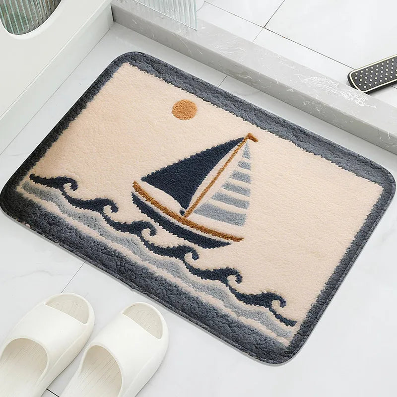 tapis bain absorbant eau motif étoiles mer bleu clair vert foncé coquillages moderne