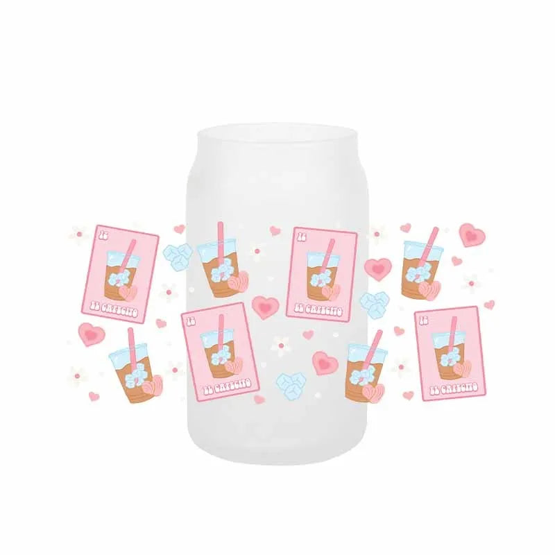autocollants transfert motif coeurs boissons cartoon transparent opaques tasses croissants glaces bouteille verre couvercle