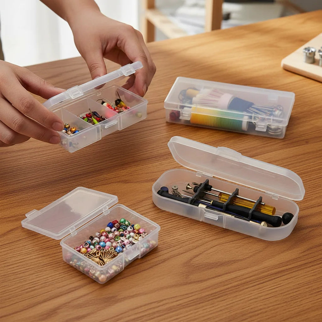 boîtes rangement transparentes clips bijoux multicolores pièces métalliques modernes respectueux environnement