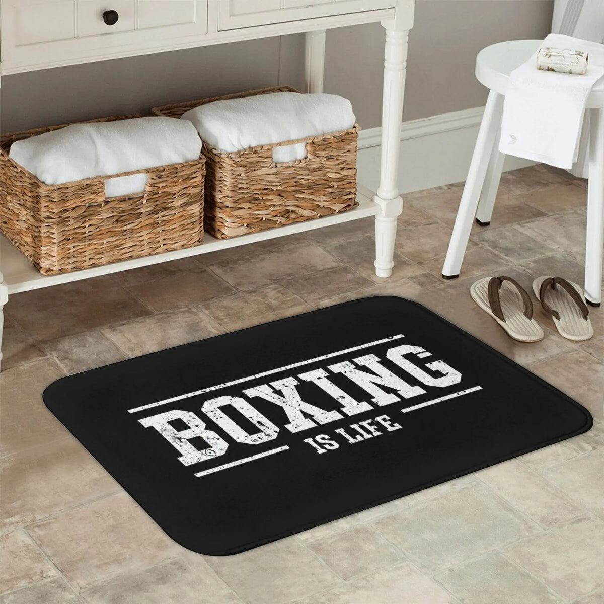 tapis sol noir boxing is life lettres blanches moderne antidérapant polyester 60x90cm