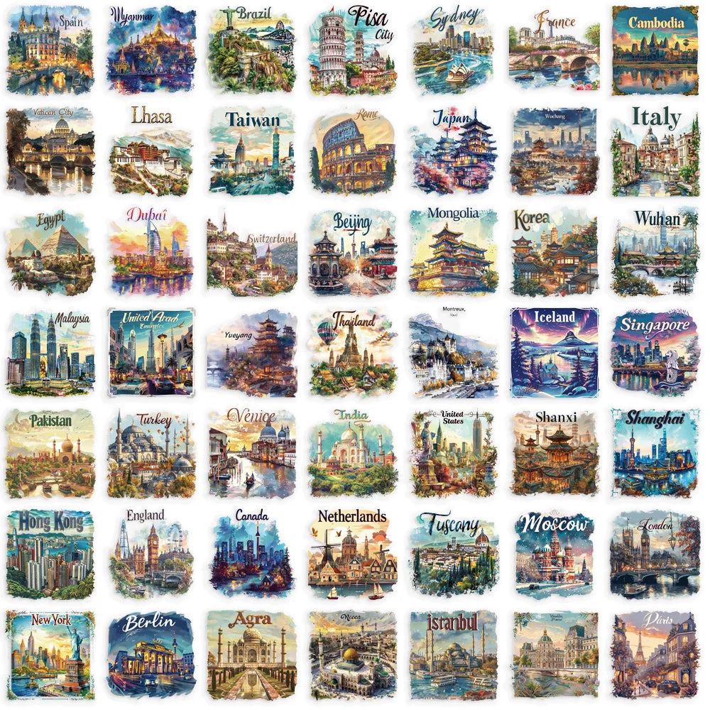 autocollants voyage paysages urbains naturels illustrations monumens adhésifs étanches collection stickers voyages