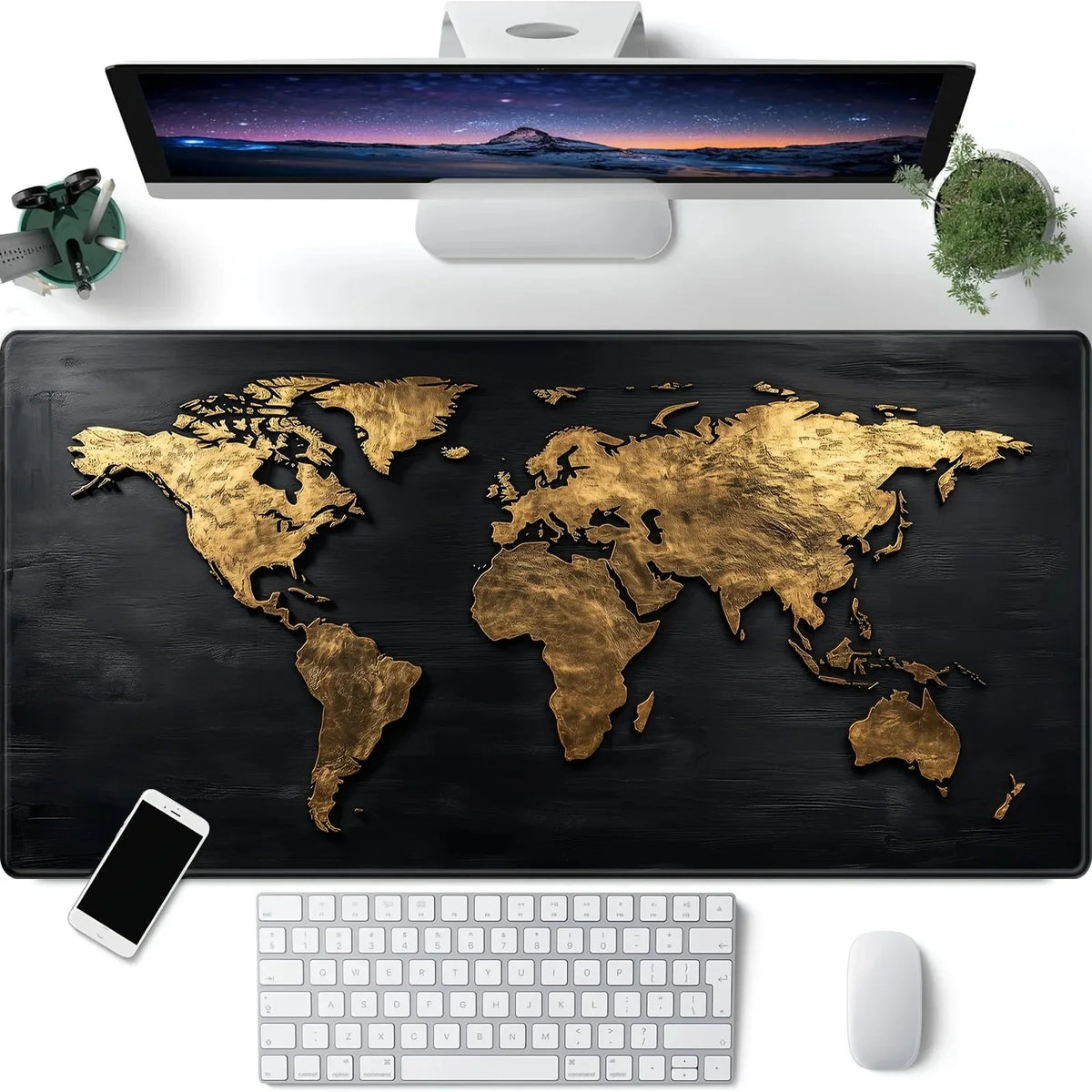 tapis souris carte monde relief doré fond noir moderne élégant gamer large xl