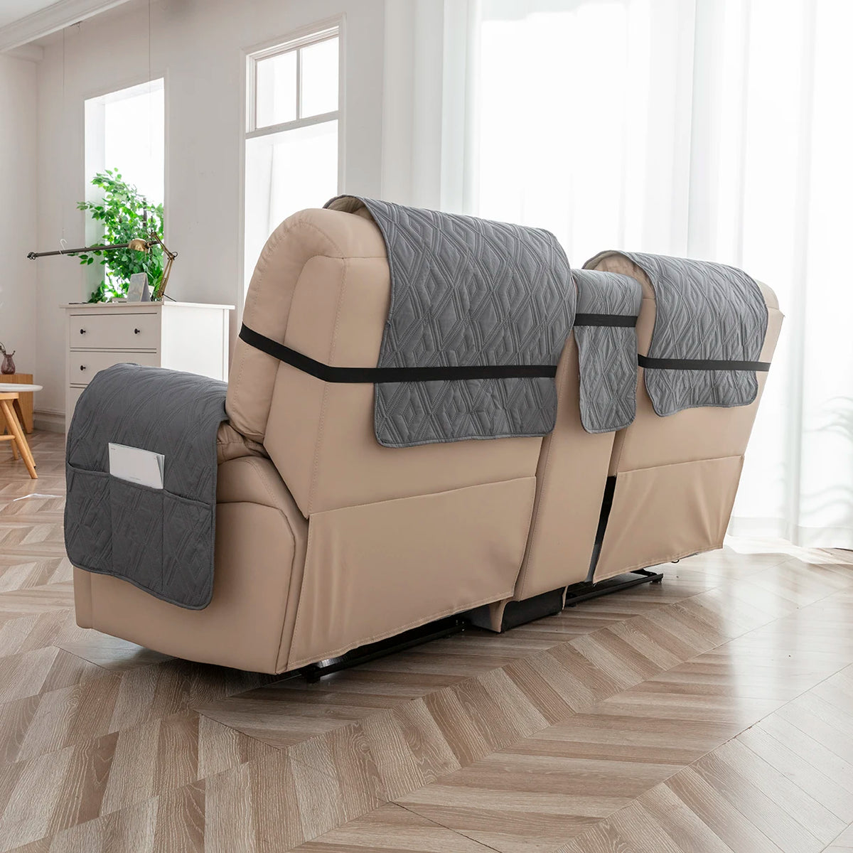 couvre siège fauteuil inclinable gris beige texture géométrique moderne bandes ajustables poche pratique
