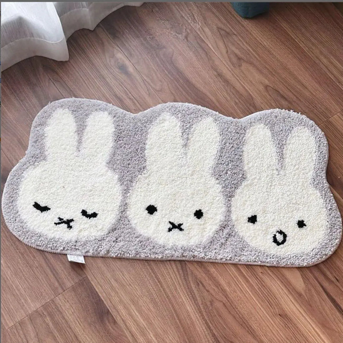 tapis salle bain antidérapant lavable machine motif dessin animé lapins ours fleurs gris blanc
