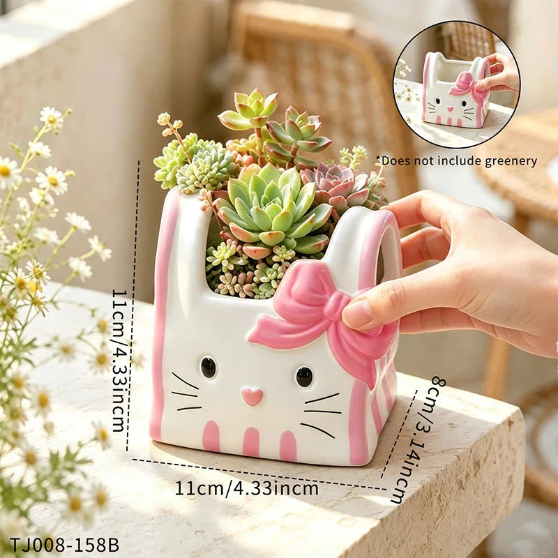 cache pot résine forme chat blanc bleu rose yeux noirs narines roses sourcils noirs