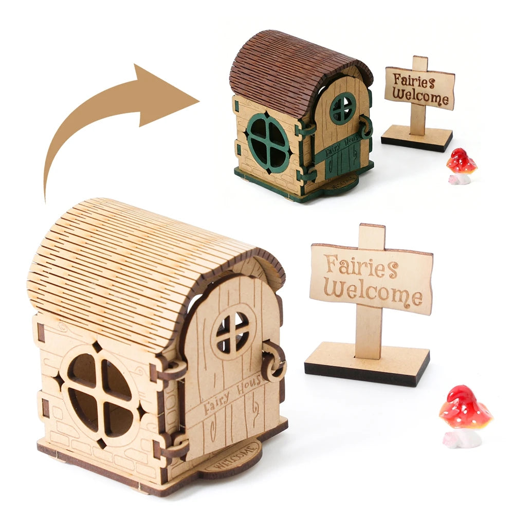 maison miniature fées bois naturel vert brun motifs géométriques rustique artisanal