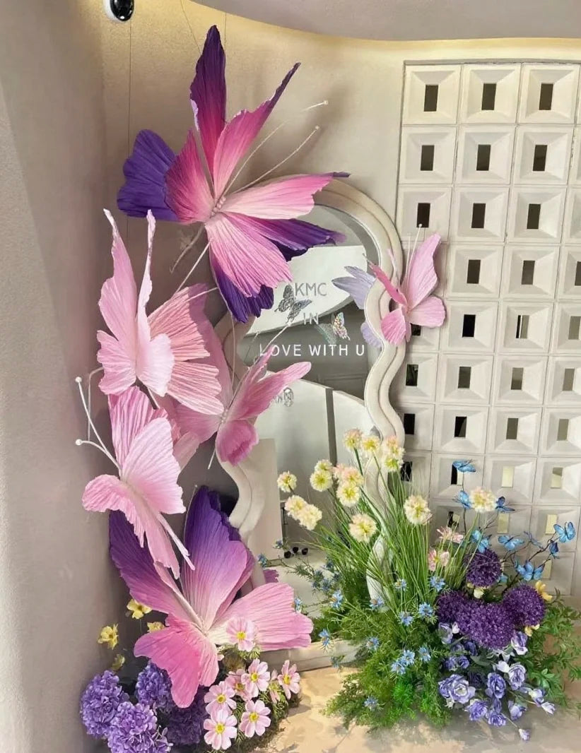 décorations papillon fleurs artificielles rose violet bleu effet plissé miroir bois
