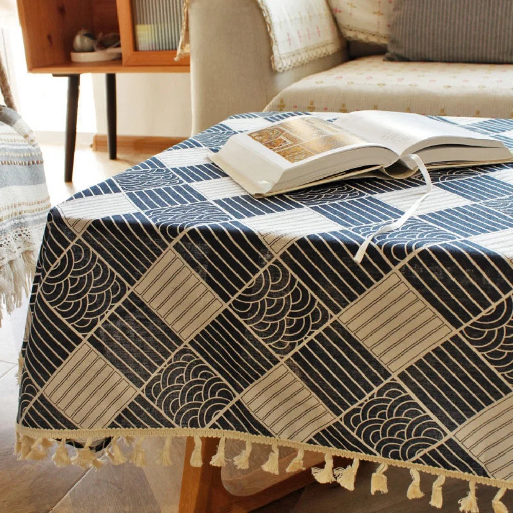 nappe table rectangulaire ethnique imperméable réutilisable coton polyester motifs géométriques tassels