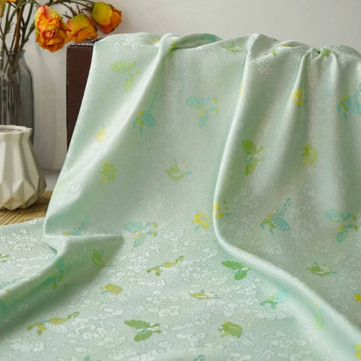 tissu polyester vert menthe papillons motifs floraux brocart décoratif résistant matériaux bricolage