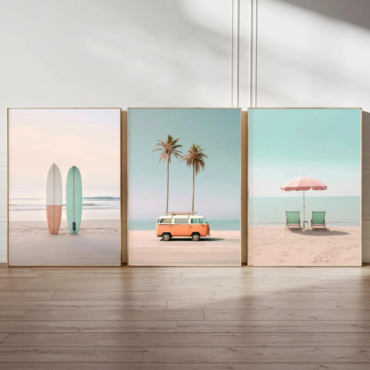 affiches imprimées plage palmiers parasols chaises bus vintage minimaliste toile sans cadre couleur rose