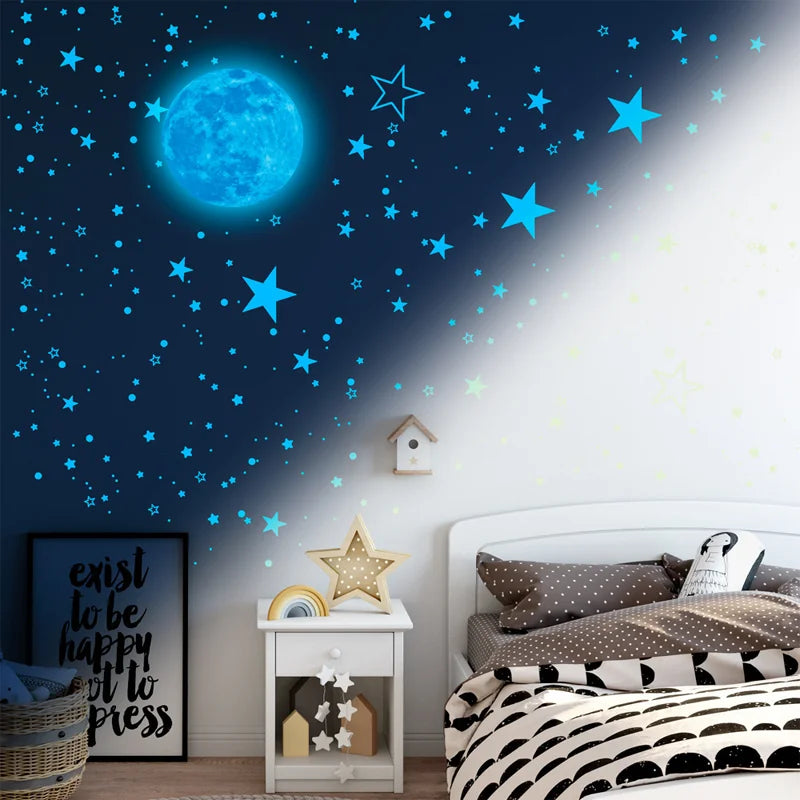 sticker mural lumineux lune étoiles moderne décoration chambre bleu vert rouge