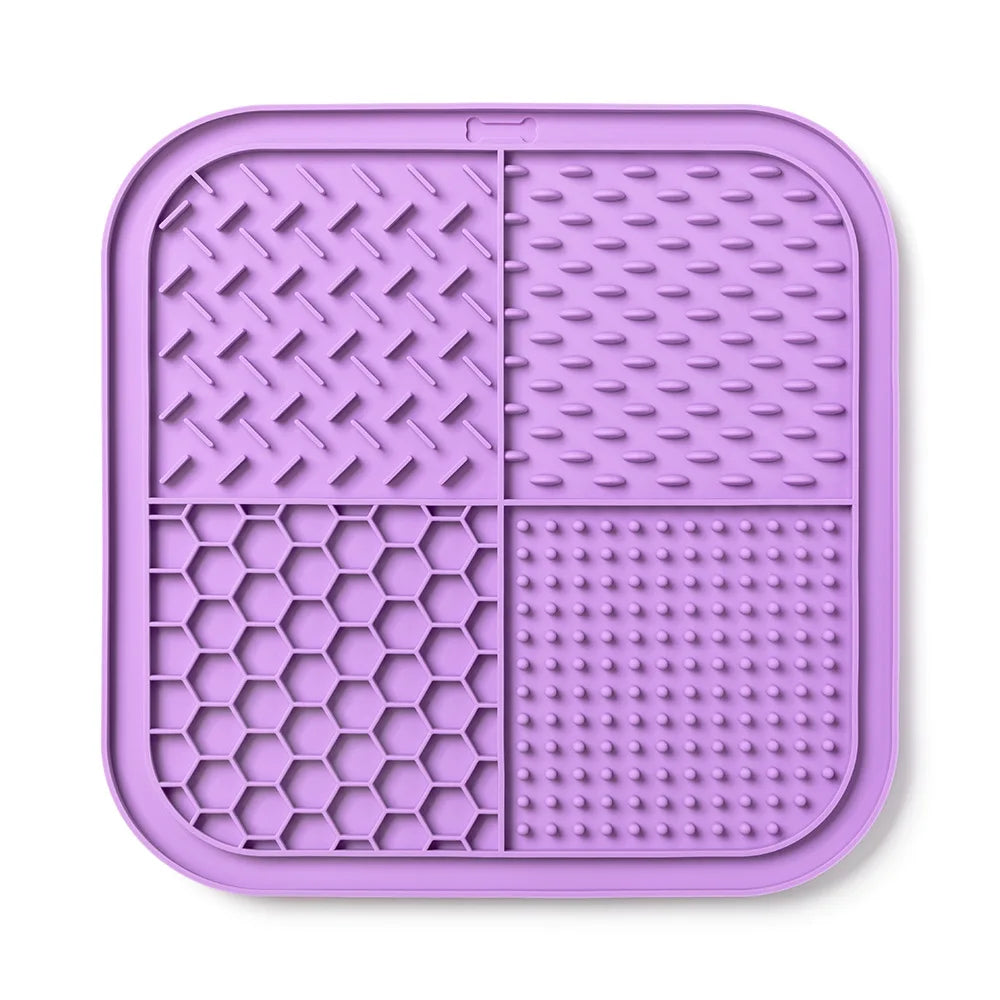 tapis léchage silicone animaux chiens chats distraction bain ventouses hexagones violet bleu orange moderne