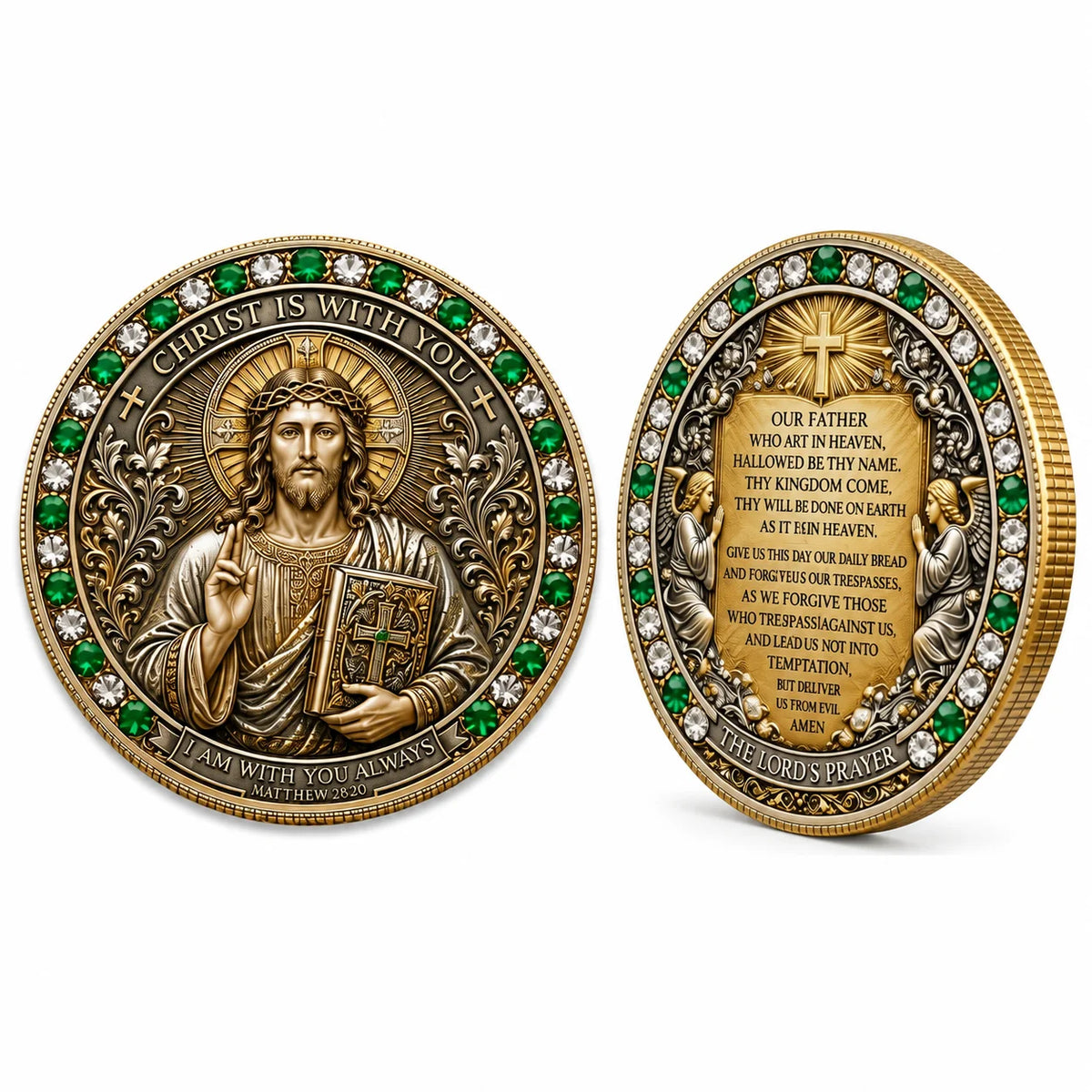 médaille commémorative or ange croix motifs floraux prière père notre boîte rangement carte présentation